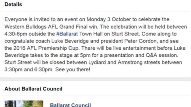 A Ballarat Council social media post amending an earlier announcement that the players would attend.