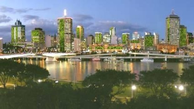 Futuristic outlook: Brisbane Skyline with living walls.
