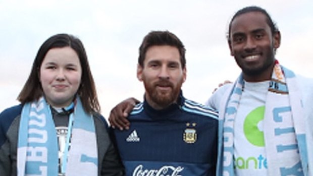 Georgia-Mae Mazzarella (left) and Denis Pauguy (right) meet their hero Argentine superstar Lionel Messi.