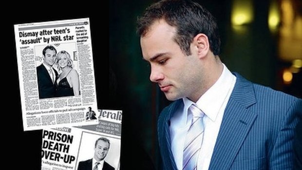 The accused: Manly rugby league player Brett Stewart leaves a Sydney court in September 2010 during his trial for alleged sexual assault; (inset) some of the headlines created by the incident.

