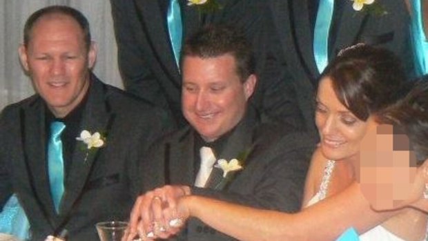 Brett Forte, pictured on his wedding day, with best friend Bryce Coventon (left) and wife Susie.