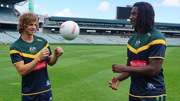 Nat Fyfe and Nic Naitanui get to grips with the round ball in Perth. 