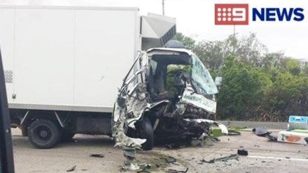 A truck that was involved in an accident with six cars on the M1 near Oxenford.