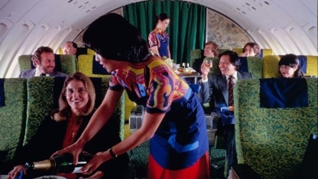 The luxurious upper deck of an early Cathay jumbo jet.