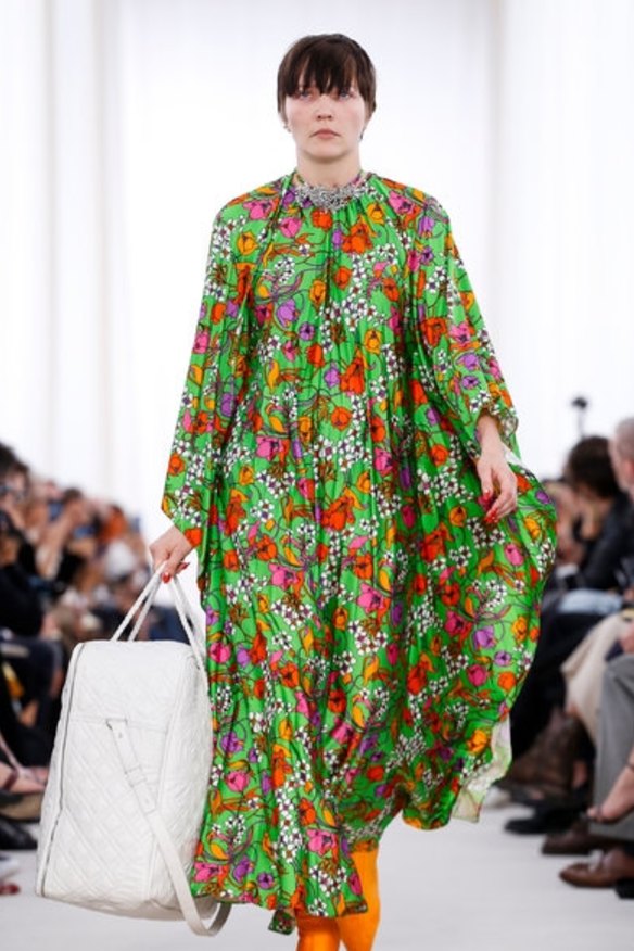 A model carries one of the 'blanket bags' in Demna Gvasalia’s Balenciaga debut.