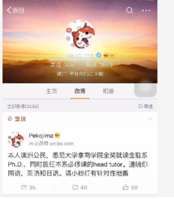 Wu Wei was accused of posting the comments under the username Pekojima on Weibo.
