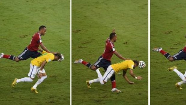 Combination of pictures showing Colombia's defender Juan Camilo Zuniga challenging Brazil's forward Neymar (down) and Brazilian defender Marcelo (right) shouting for help during the quarter-final match between Brazil and Colombia