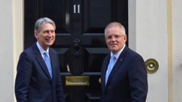 Treasurer Scott Morrison meets with Britain's Chancellor of the Exchequer Philip Hammond for talks at 11 Downing Street, London, earlier this week.