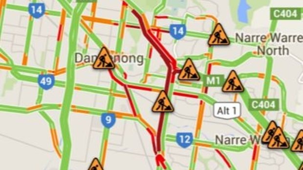 Red lines showing traffic delays as a result of the fatal Monash Freeway crash.
