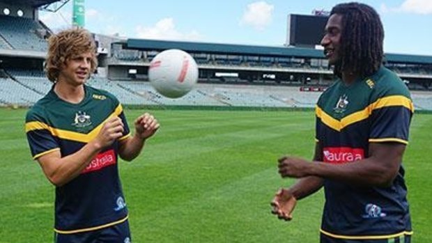 Nat Fyfe and Nic Naitanui get to grips with the round ball in Perth ahead of the International Rules game on the weekend. 