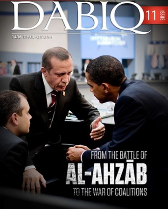 In Islamic State's sights: Turkish President Recep Tayyip Erdogan with his US counterpart Barack Obama on the cover of the IS magazine <i>Dabiq</i> in August.