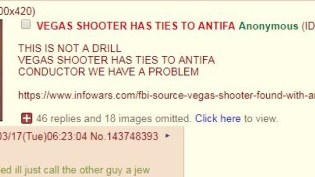 The 4Chan poster, citing Alex Jones Infowar, claims without basis, that the Las Vegas shooter was involved in a Far Left organisation.