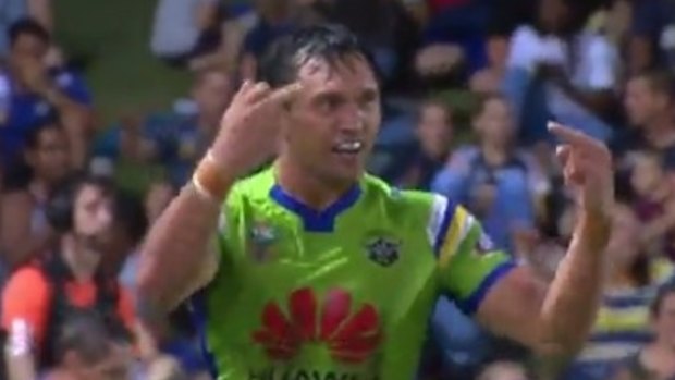 Jordan Rapana flips the bird after he had his golden try disallowed against the Cowboys.