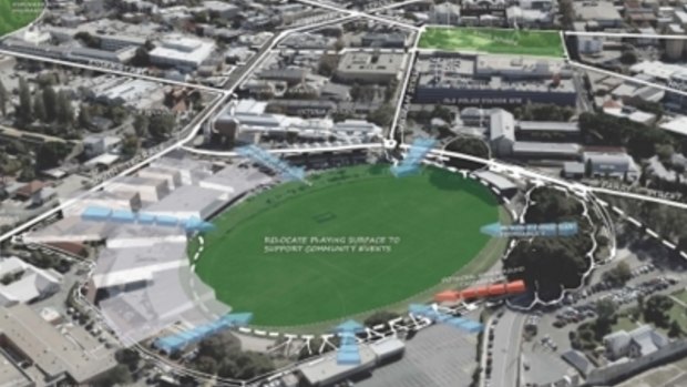An aerial view showing the planned changes to Fremantle Oval.