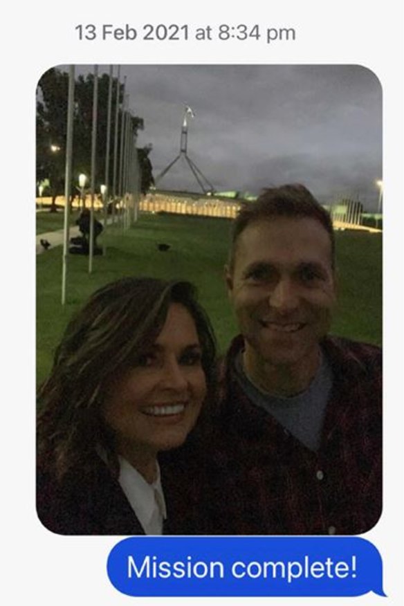Text message to Peter Meakin from Lisa Wilkinson, showing the then presenter on Ten’s The Project with the program’s producer Angus Llewellyn, on February 13, 2021.