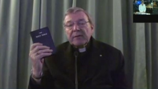 Cardinal George Pell testifies at the hearing in Rome.