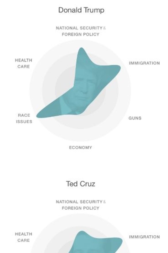 A focus on race. Social media topic discussions related to candidates in January - visualised by MIT Media Lab. 