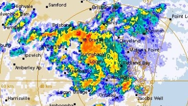 A radar image of the storm cell hitting Brisbane.