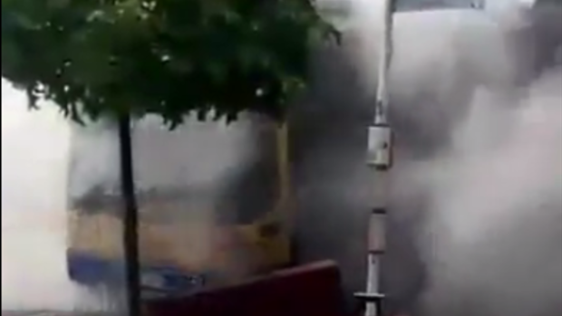 Footage of the smoke billowing from the bus after the attack.