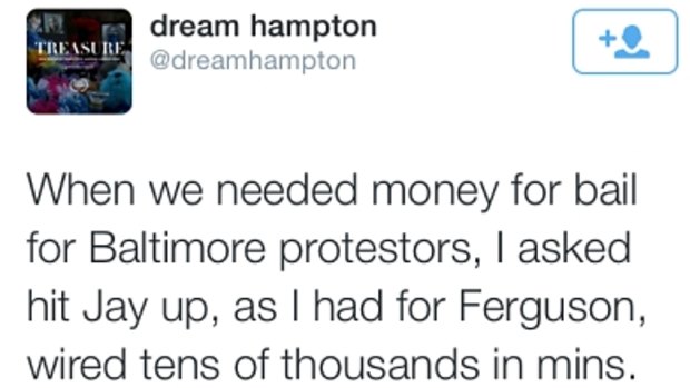 Author Dream Hampton has posted a number of messages on Twitter about Jay Z and Beyonce's financial support for protestors in Baltimore and Ferguson.