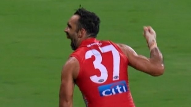 Adam Goodes celebrates a goal in May 2015.