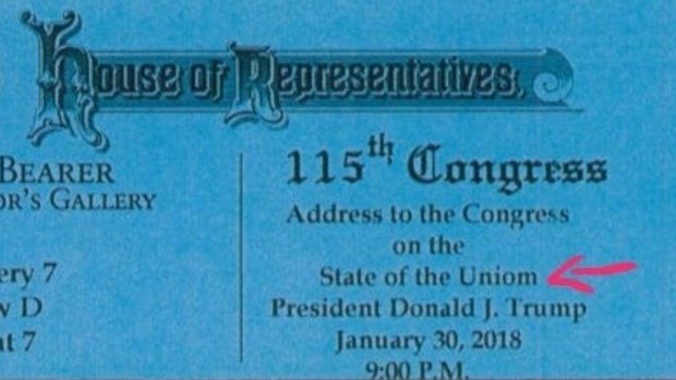 A ticket to the State of the Union address bearing the unfortunate spelling error.