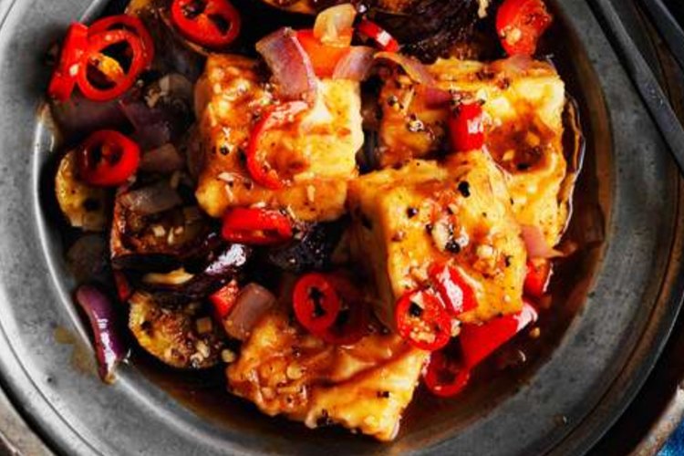 This spicy tofu with eggplant dish can be eaten as a main, or as part of a banquet.