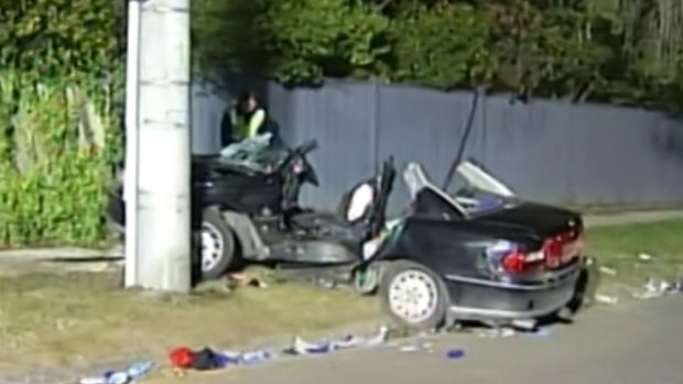 The wreckage of the car which crashed into a pole in Mount Evelyn on Tuesday night.