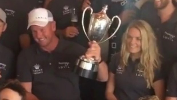 Erin Molan and Anthony Bell celebrate after winning the Sydney to Hobart Yacht Race on Perpetual Loyal.