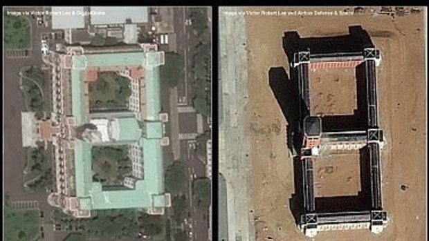 Left: The Presidential Office Building in Taipei, Taiwan on June 11, 2015. Right: A new building at Zhurihe military training base in Mongolia, March 18, 2015. 