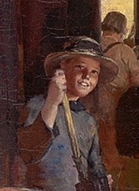 The smiling Tar Boy, aka Susan Bourne, as she was painted in Tom Roberts' "Shearing the Rams". 
