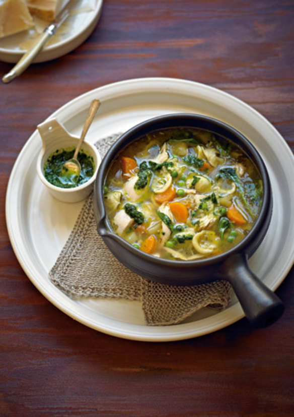 Leftover cooked chicken can be used in this hearty soup.