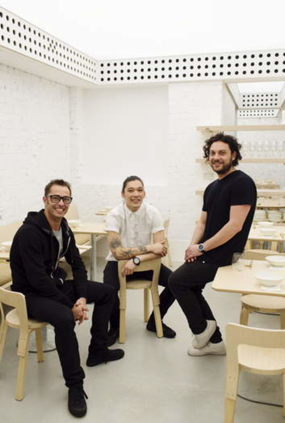 Nicholas Wong (centre) with Sam Christie and Jonathan Barthelmess at Cho Cho San in Sydney's Potts Point.