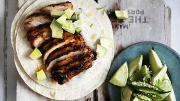 Neil Perry's adobo-marinated chicken tacos.