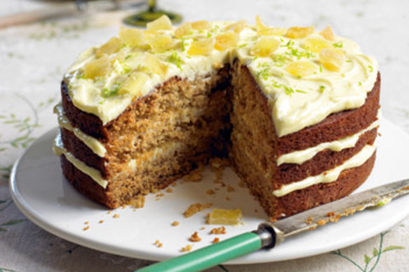 Layer cake with fresh and crystalised ginger, sandwiched with lime cream cheese icing