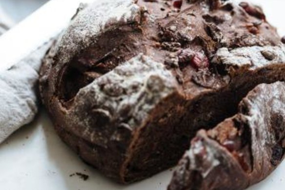 Chocolate cranberry hot cross bun loaf.