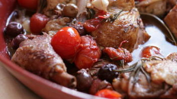 Chicken fricassee with rosemary and cherry tomatoes.