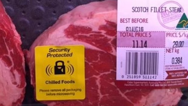 The security tags have started appearing on meat trays at the Coles Knox store. 