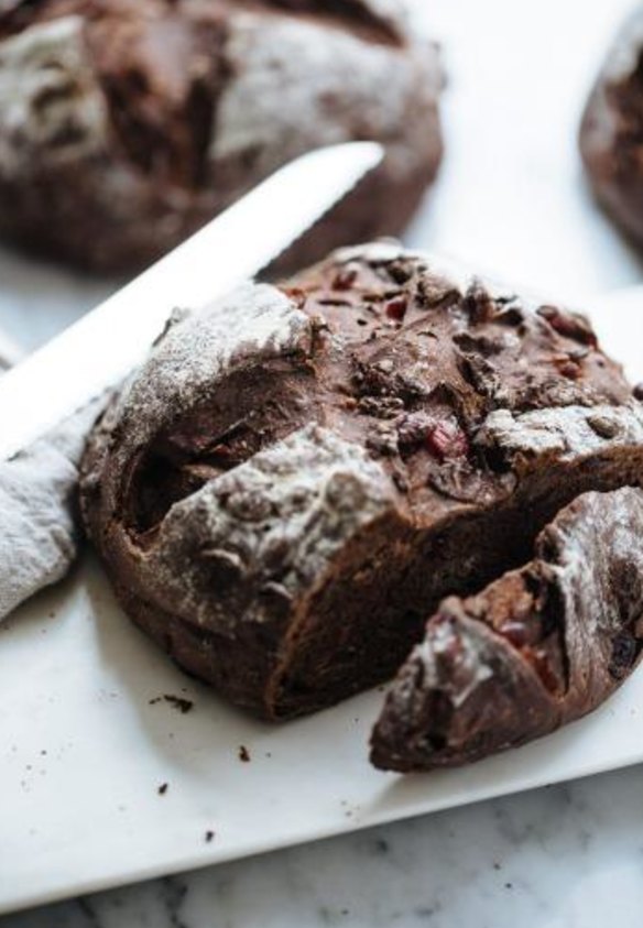 Chocolate cranberry hot cross bun loaf.