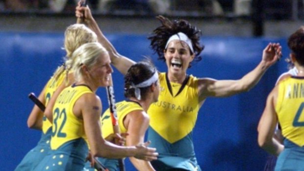 Rechelle Hawkes celebrates after scoring a goal for the Hockeyroos in the final against Argentina at the 2000 Sydney Olympics.