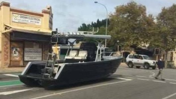 The boat blocked traffic on the intersection near the Norfolk pub in Fremantle.