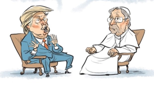 In a March 2016 cartoon, David Pope depicted "President Trump" meeting "Pope George [Pell]" under the headline "Men of destiny".