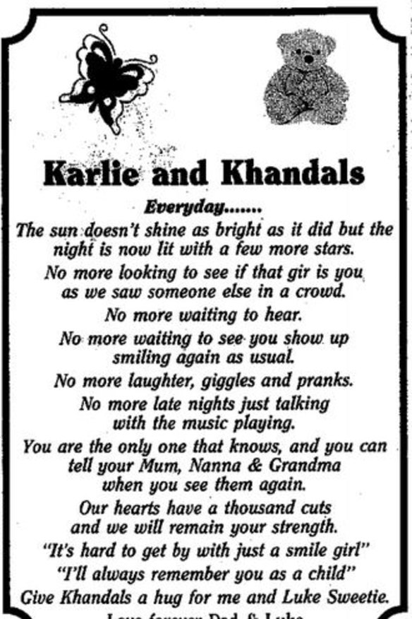 Death notice published in NT News on Tuesday.