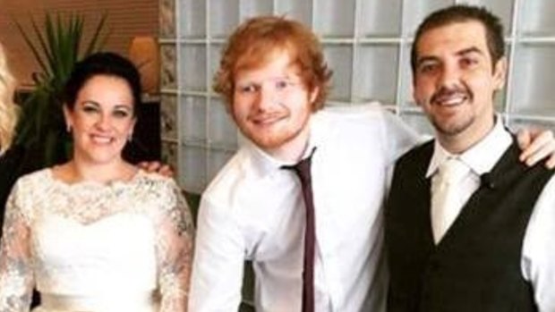 Ed Sheeran with newlyweds Matt and Kya Debono.