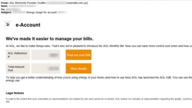 A fake AGL invoice, containing a link to a virus, which is being sent to Australians.