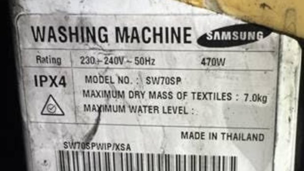 The label on a unit that caught fire on November 30, 2015, in Moorebank. Model no. SW70SPWIP is one of six under recall.