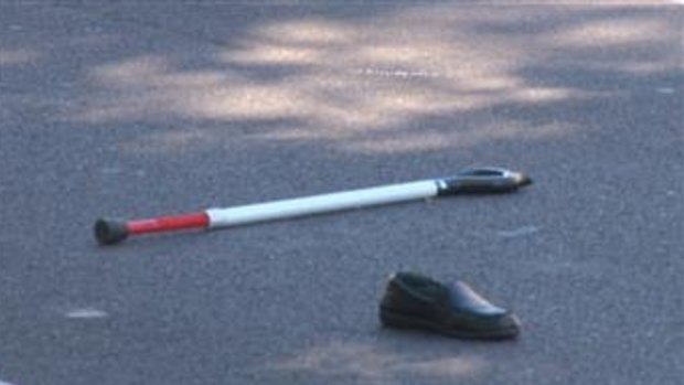 A walking stick and shoe at the scene of the crash.