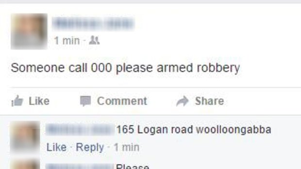 A Facebook post about the armed robbery in Woolloongabba.