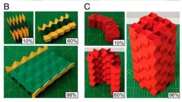 Prototype origami structures designed by Glaucio Paulino and Evgueni Filipov. B: an expandable bridge; C: architectural designs.
