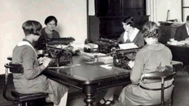 Typists ply their trade in a banking office in 1929.